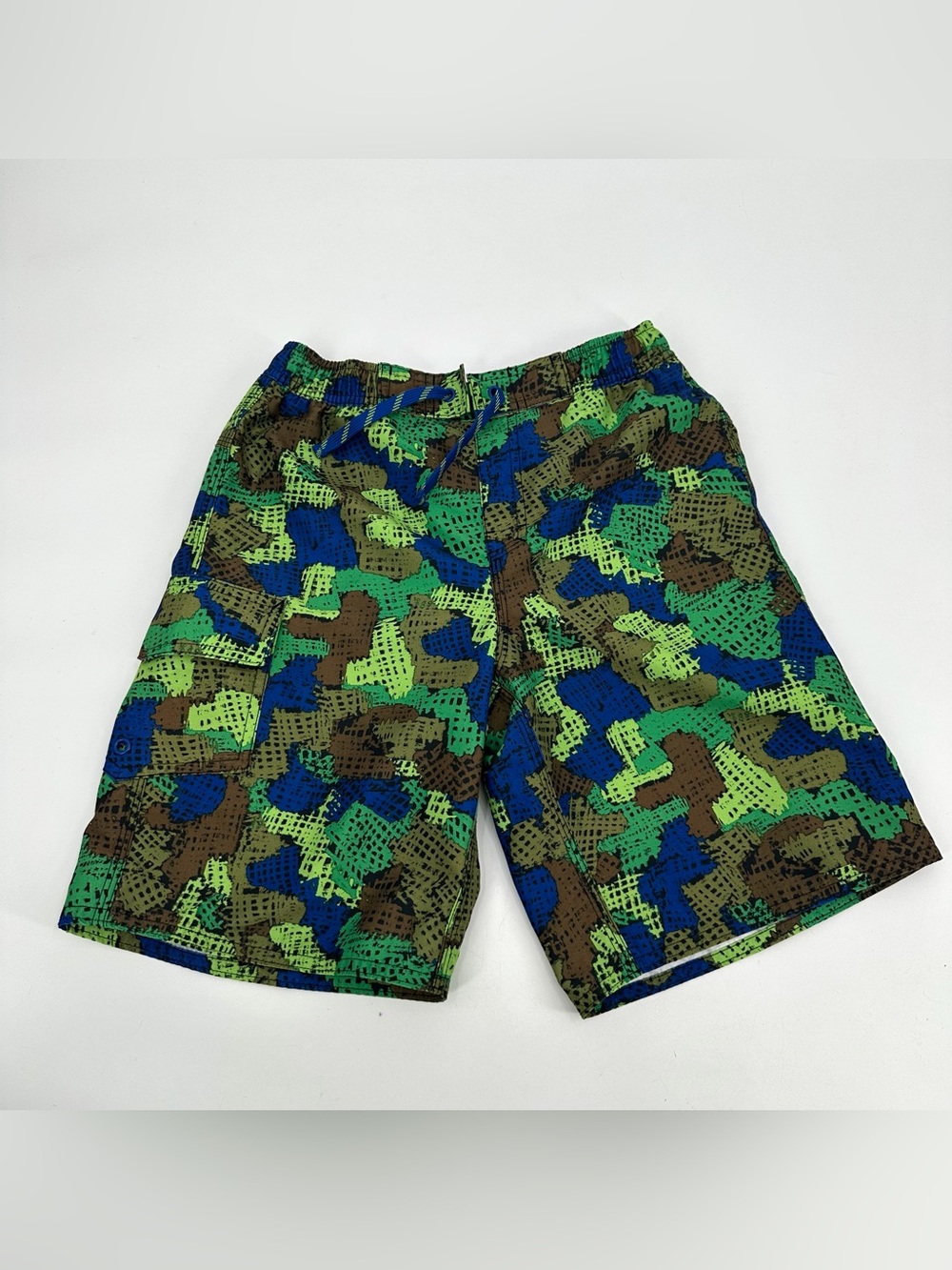 LL Bean Swim Trunks Boys 10 Camo Green Blue Swimsuit Lined Shorts Pocket